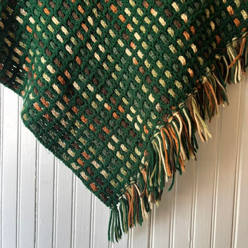 Vintage Handmade Green & Brown Crochet Afghan Blanket 70s Retro